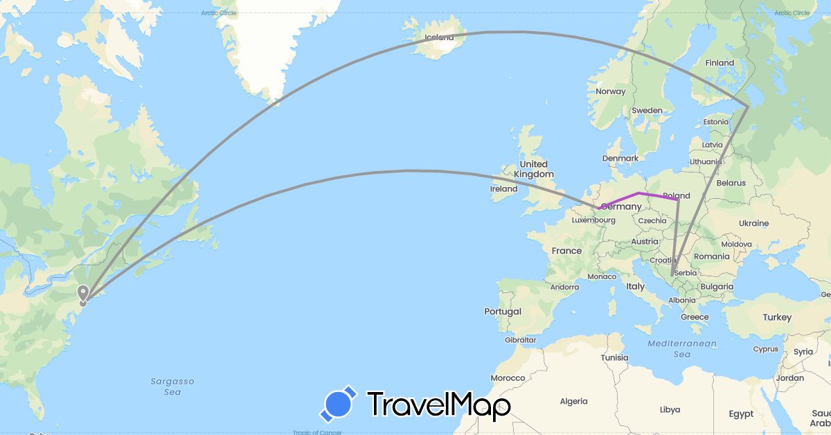 TravelMap itinerary: driving, plane, train in Bosnia and Herzegovina, Germany, Poland, Russia, United States (Europe, North America)